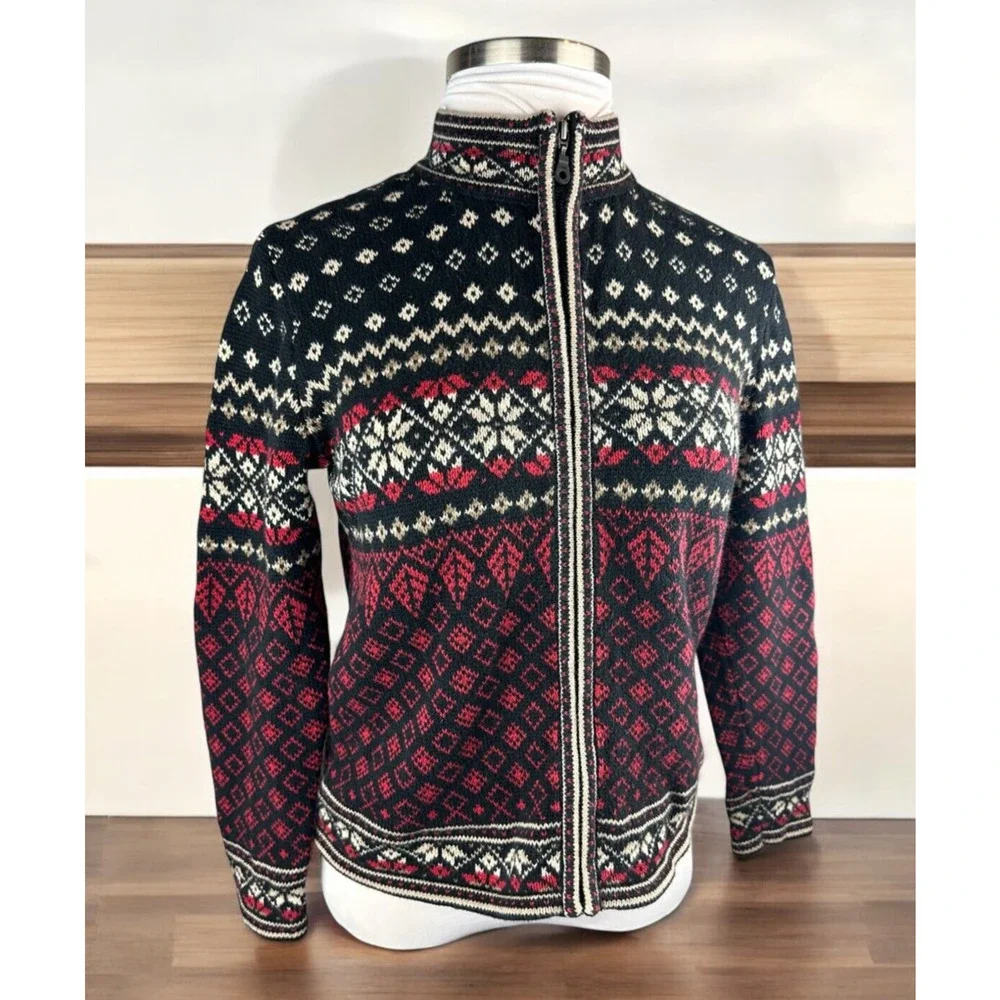 Nomadic Traders Full Zip Cardigan Sweater Red White Black Ramie Cotton Medium - Picture 3 of 16